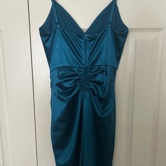 Honey and Rosie Spaghetti Strap V-Neck Ruched Satin Bodycon Dress - Picture 3 of 4